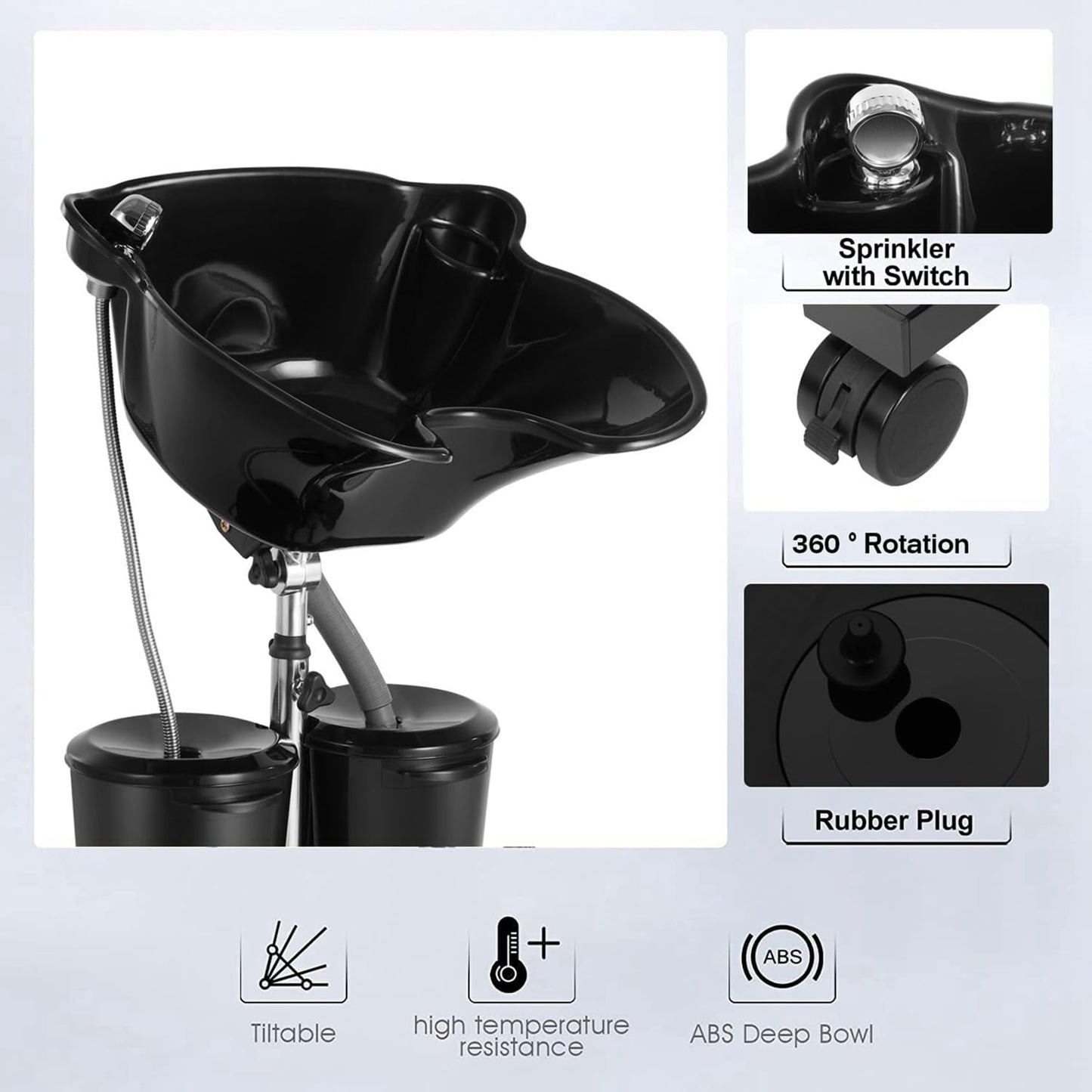 White Smoke SalonMax Portable Shampoo Bowl with Electric Pump, Plastic Shampoo Unit with 2 Bucket and Drain Hoses, Basin Height Adjustable Portable Salon Sink for Home Salon Use