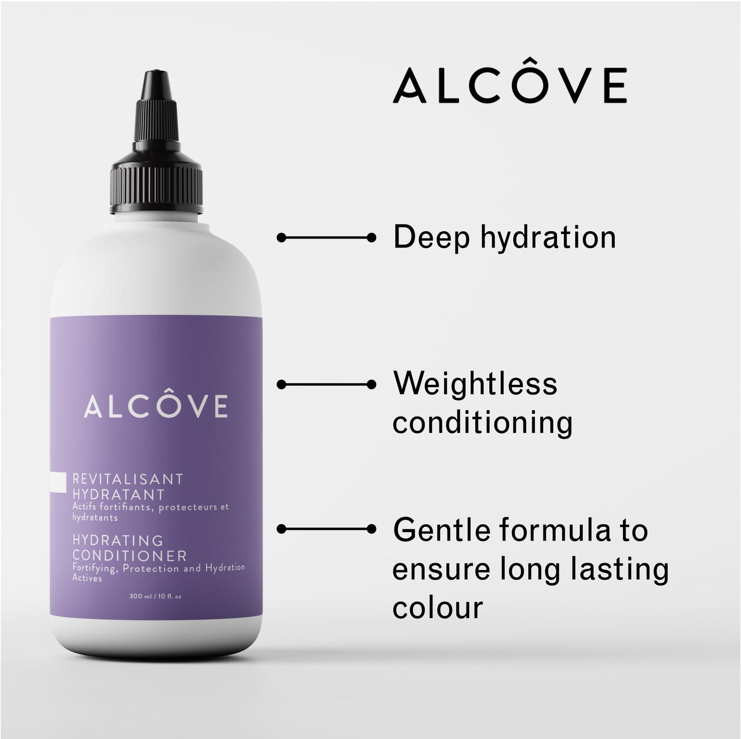 Lavender Alcôve - Hydrating Conditioner - Moisturizing & Nourishing - Helps hydrate Damaged Hair - Anti-frizz properties - Lightweight Formula - Made with Argan Oil - Color Safe - Sulfate Free - Vegan - 10.1oz