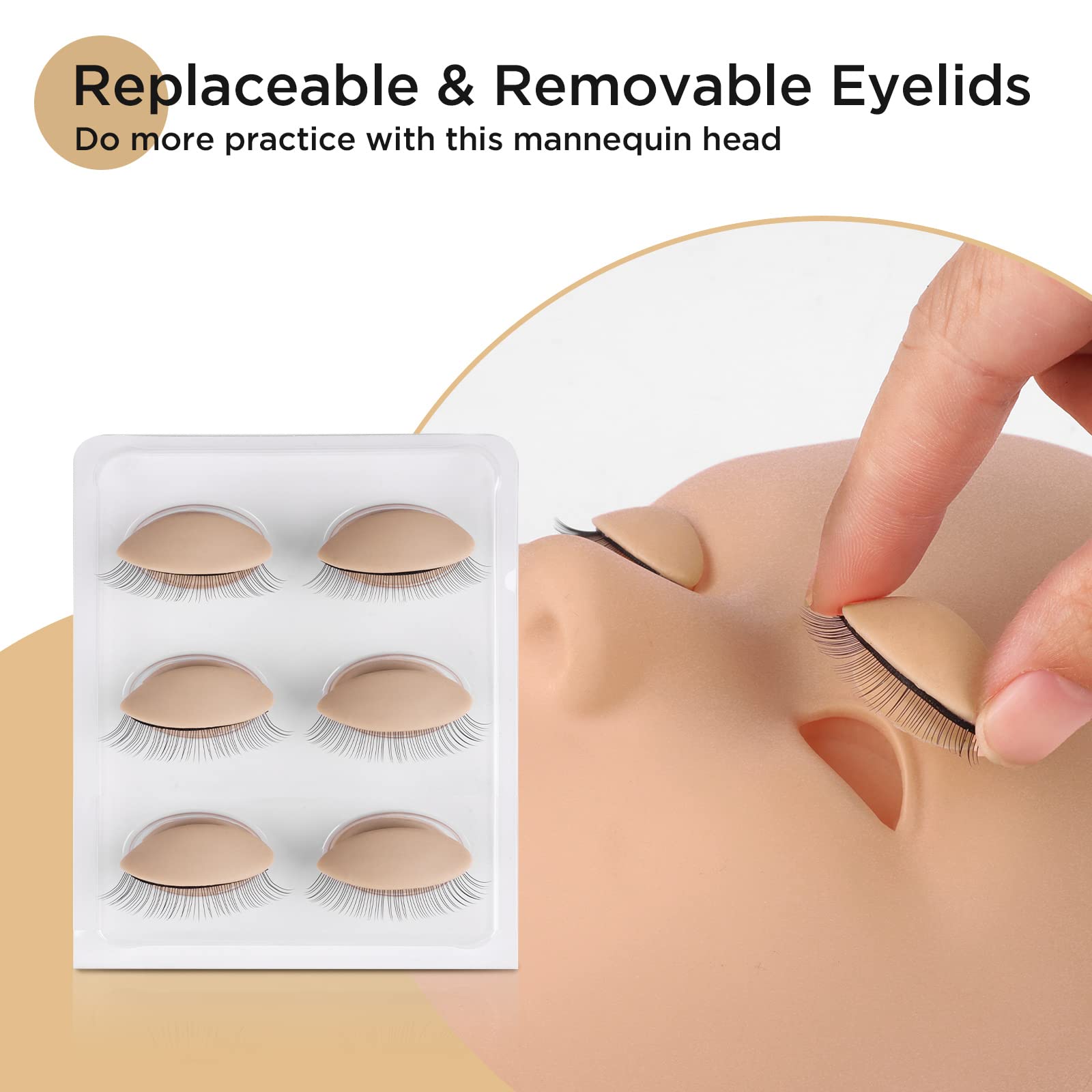White Smoke LASHVIEW Lash Mannequin Head , with 4 Pairs Replaced Eyelids Practice, Makeup Soft-Touch Rubber, Natural Skin Color