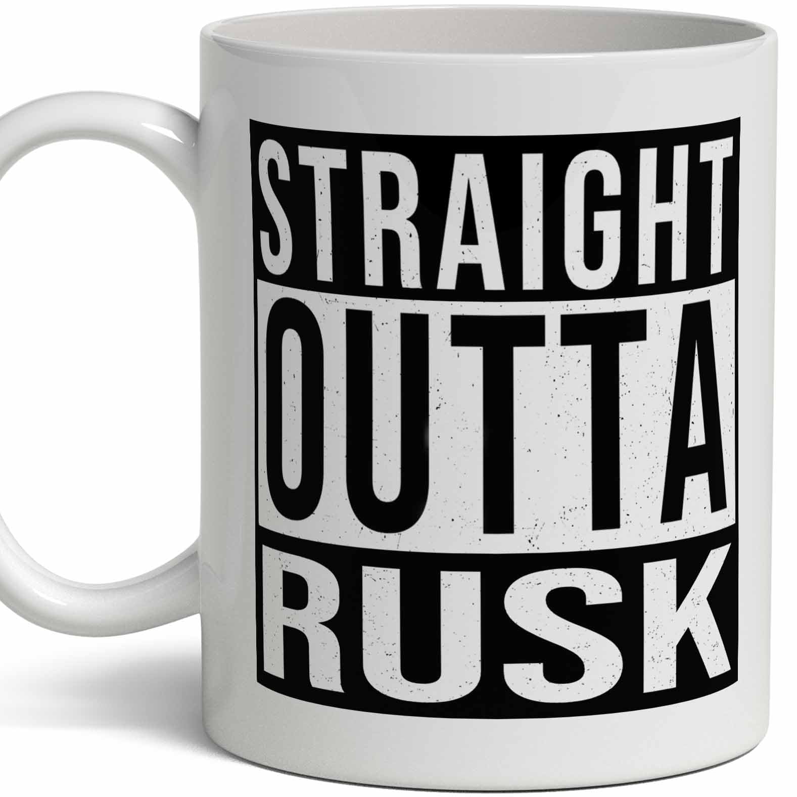 White Smoke Rusk Last Name Gift. Personalized, Custom "Straight Outta" Surname Sign Coffee Mug. 11 Ounces.
