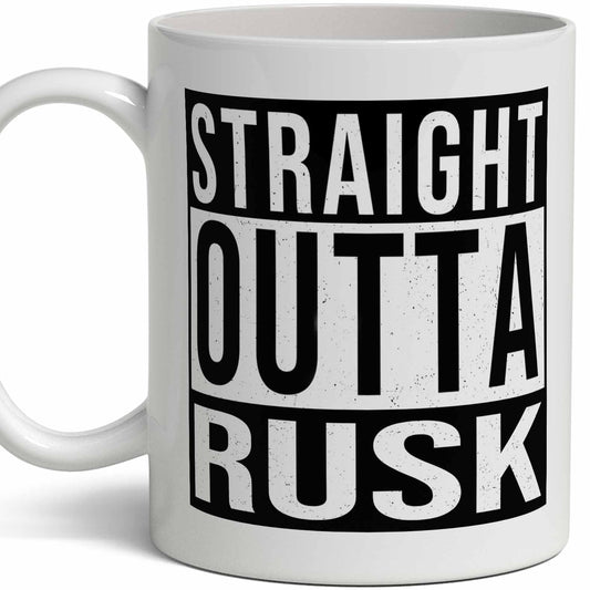 White Smoke Rusk Last Name Gift. Personalized, Custom "Straight Outta" Surname Sign Coffee Mug. 11 Ounces.