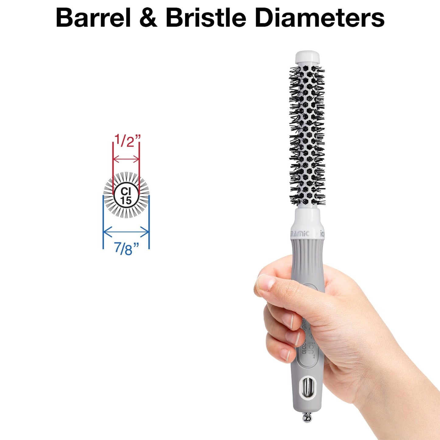 White Smoke Olivia Garden Ceramic + Ion Round Thermal Hair Brush - Not Electrical - Professional Blowout Brush for Normal to Thick Hair - 0.5"-Diameter Barrel - White and Grey - CI-15