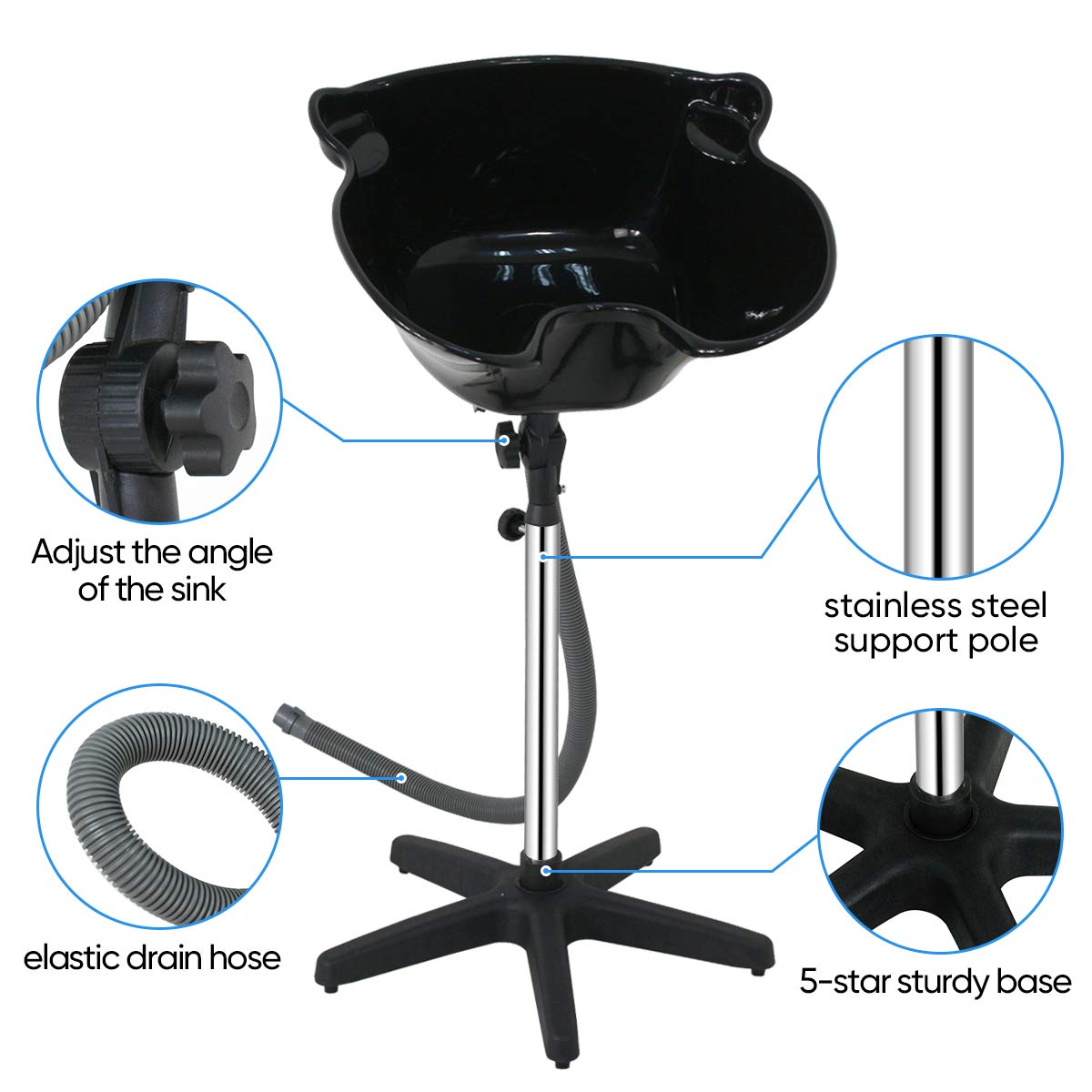 White Smoke ZENY Portable Shampoo Basin Height Adjustable Shampoo Bowl with Drain Hair Washing Basin Sink for Home Salon Hair Washing and Cutting