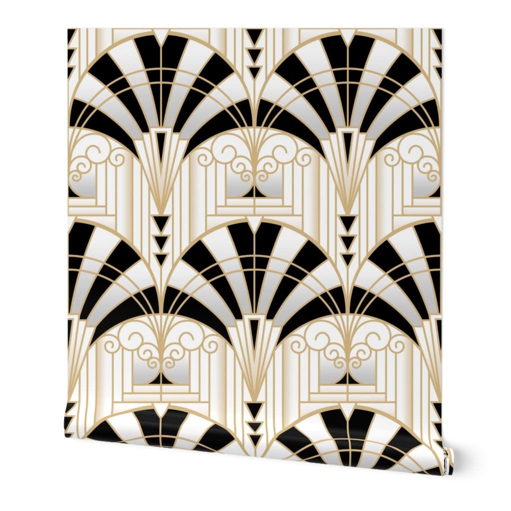 Light Gray Spoonflower Peel & Stick Wallpaper 3ft x 2ft - Art Deco Alcove Black White Gold Fan Architecture 1920s Custom Removable Wallpaper