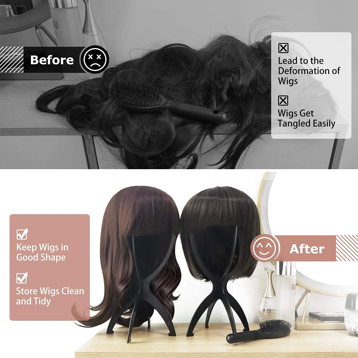White Smoke Dreamlover Wig Stand, Wig Head Stand, Wig Holder for Multiple Wigs, Black, 3 Pack
