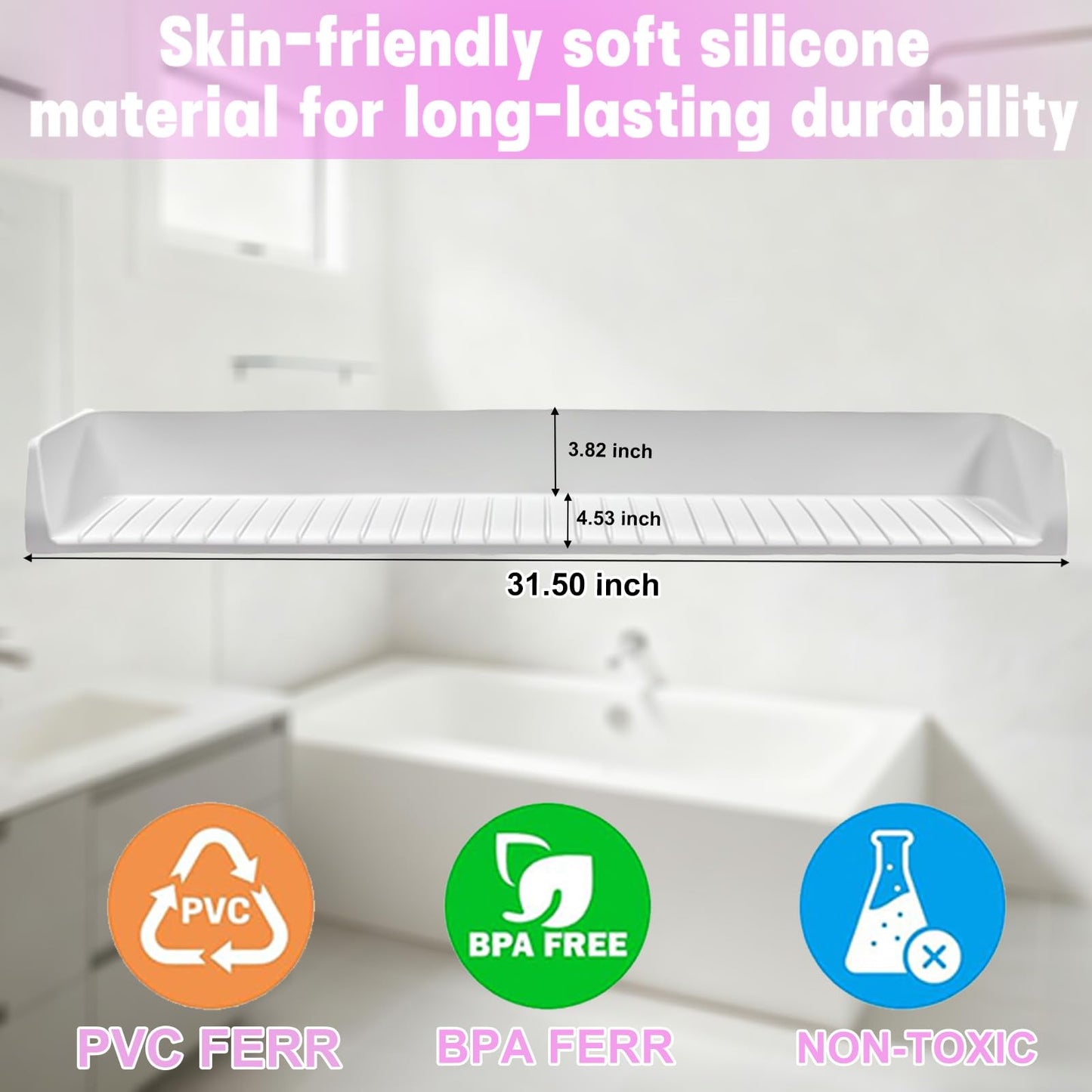 Light Gray Longer Bath Tub Splash Guard for Kids,Silicone Bath Toy Holder for Bathtub,Prevent Water Spills in Bathroom,Fun-Filled Bath Time for Toddlers Including Bath Brush and Toy Storage Bag (Grey)