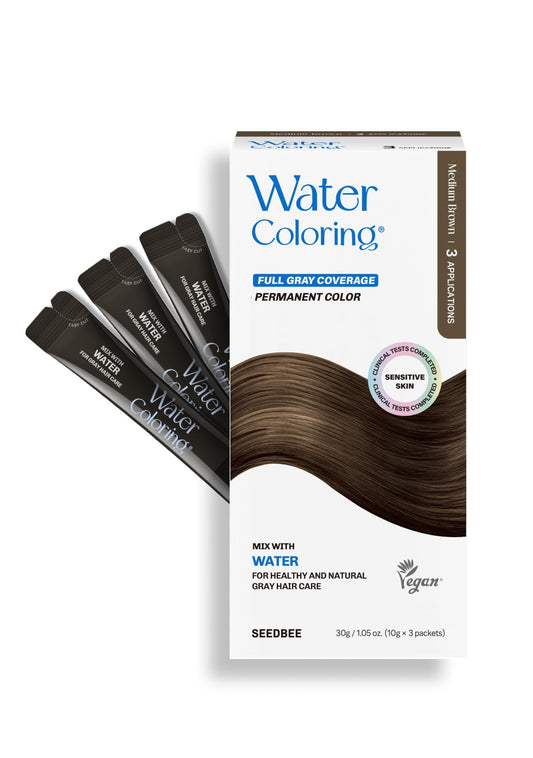 White Smoke Korean Permanent Hair Dye, Powder Hair Color Kit, Medium Brown, Gray Hair Coverage, Plant-Based Formula, Easy Application for Roots, Short & Long Hair, Vegan, Just Mix with Water (3 Powder Packets)
