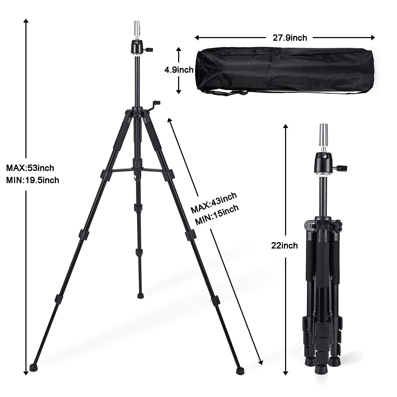 White Smoke QISHI YUHUA Wig Stand Tripod with Non-Slip Base Adjustable Mannequin Head Stand with Hook Heavy Duty Manikin Head Tripod