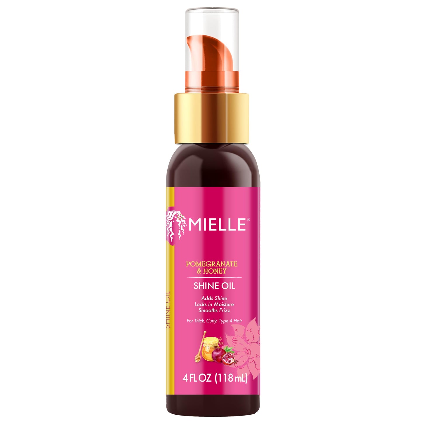 White Smoke Mielle Organics Pomegranate & Honey Shine Oil, Lightweight Hair Oil for Curly & Coily Hair, Adds Shine, Locks in Moisture, Smooths Frizz, Heat Protection, Non-Greasy Finish, Type 4 Hair, 4 fl oz