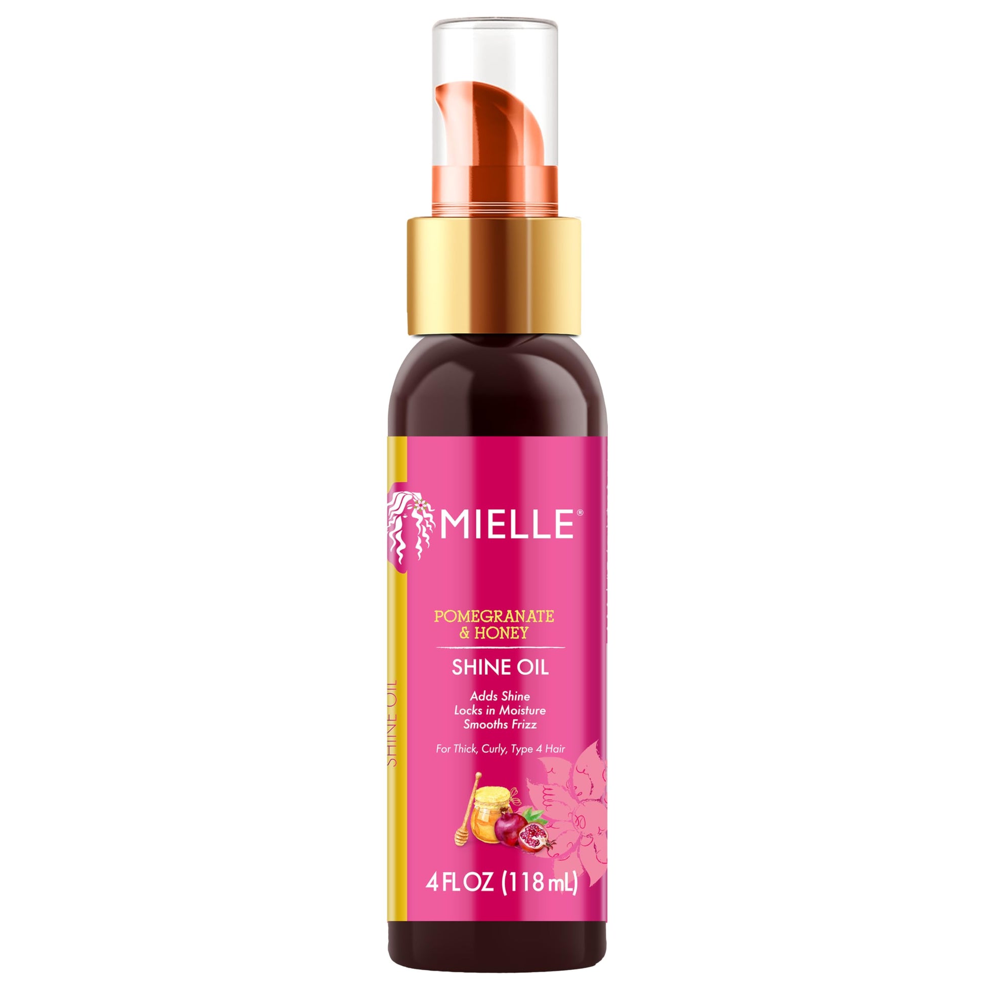 White Smoke Mielle Organics Pomegranate & Honey Shine Oil, Lightweight Hair Oil for Curly & Coily Hair, Adds Shine, Locks in Moisture, Smooths Frizz, Heat Protection, Non-Greasy Finish, Type 4 Hair, 4 fl oz