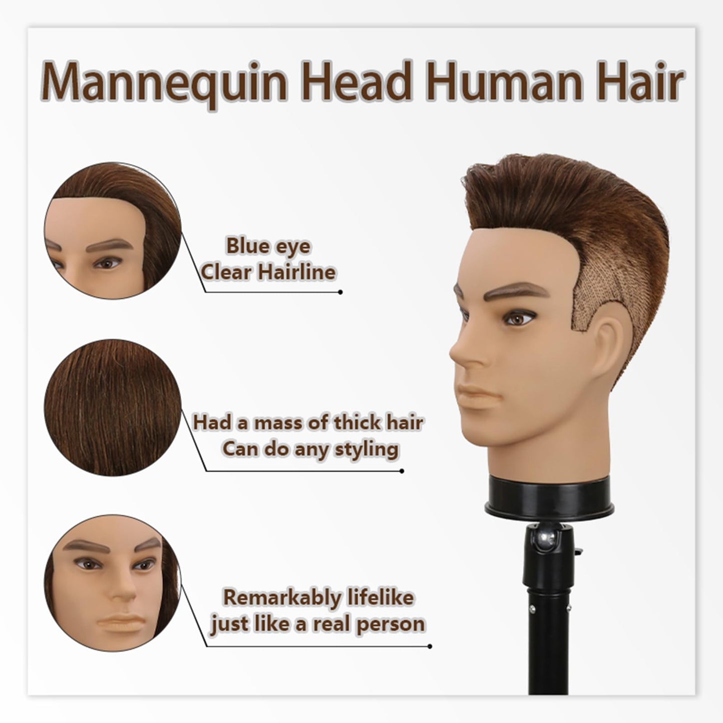 White Smoke 12" Barber Mannequin Head Male 100% Real Hair Mannequin Head with Human Hair Styling Practice Doll Head for Practicing Haircut & Hairdresser Manikin Doll Head With Free Clamp Stand(Without beard4#)