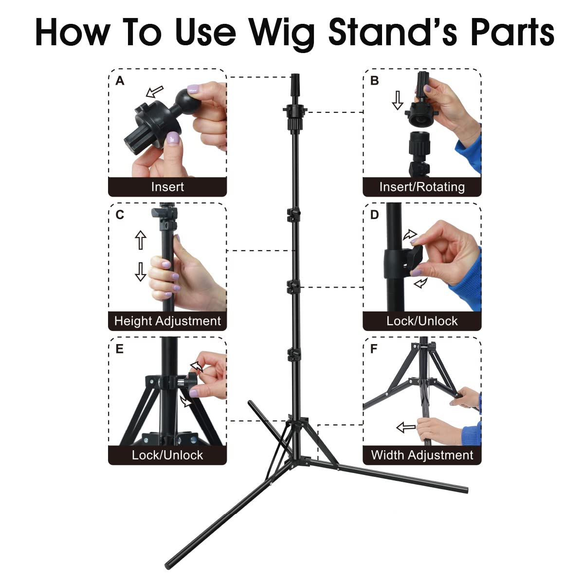 White Smoke LNASI Mannequin Head Stand, Upgrade Foldable Wig Stand Tripod for Cosmetology Hairdressing Training, Metal Adjustable Wig Head Stand with Wig Caps, T-Pins, Comb, Hair Clips
