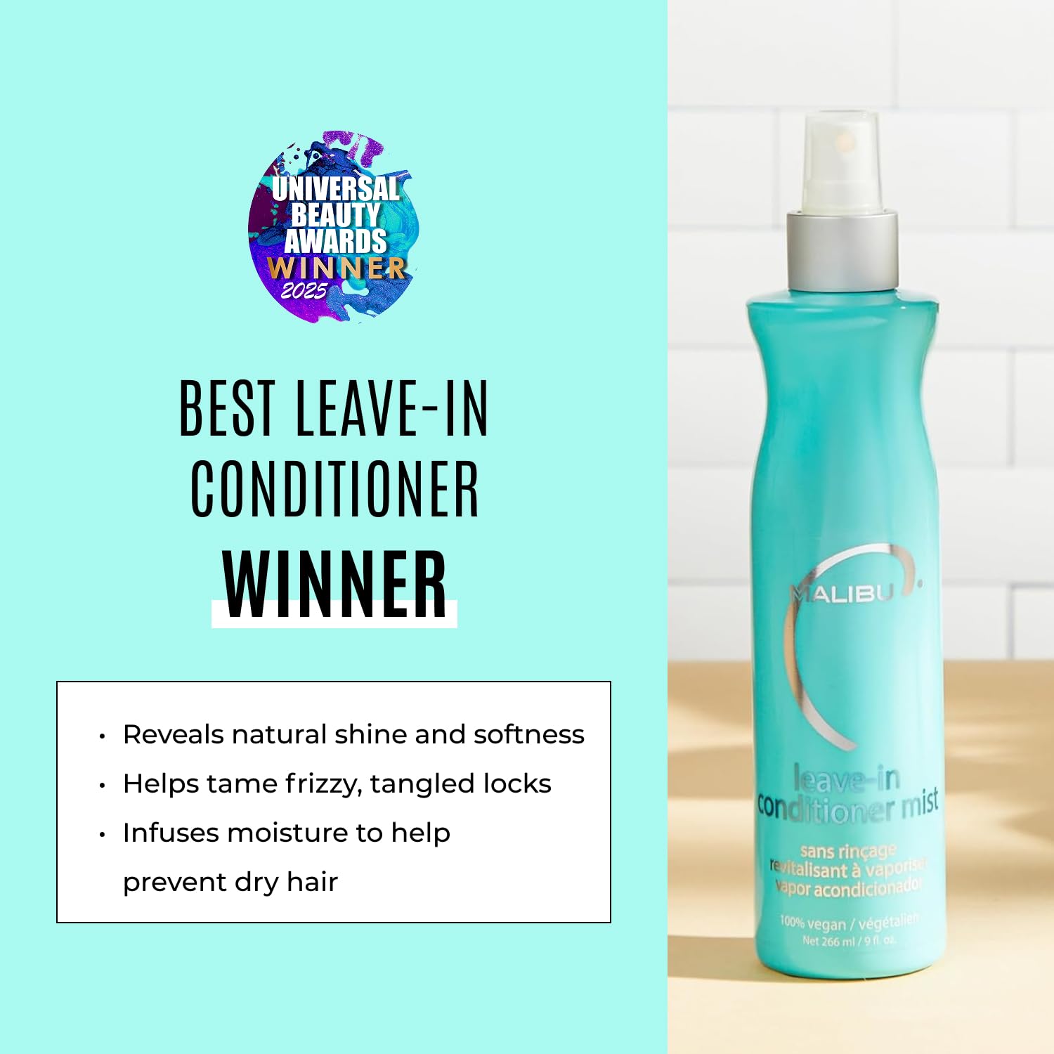 Pale Turquoise Malibu C Leave In Conditioner & Moisturizing Heat Protectant for Hair - Adult & Kids Hair Detangler Spray for Daily & Post Swim to Help Prevent Color Fading with UV Protection (9oz)