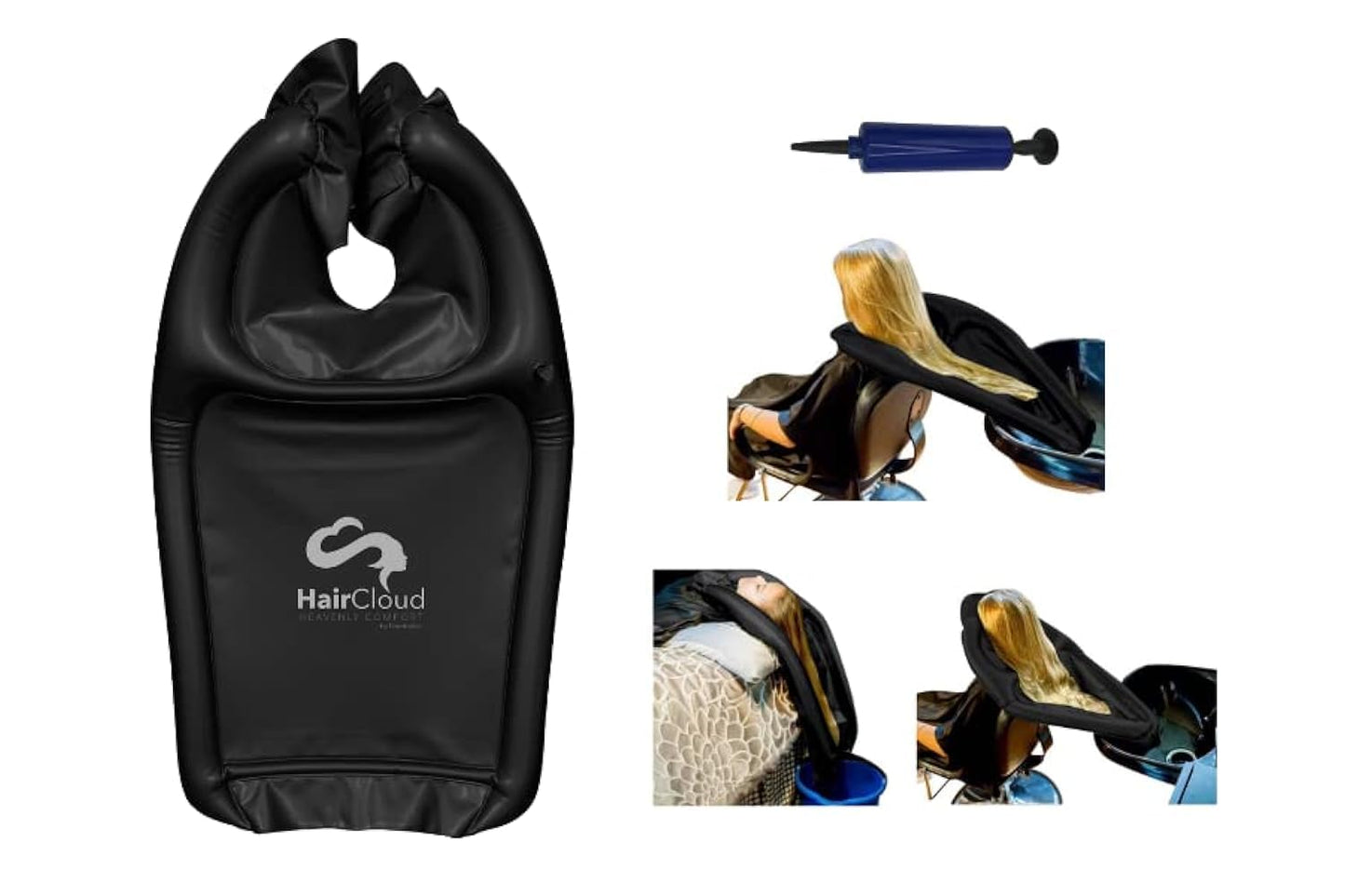 White Smoke Inflatable Shampoo Funnel Cape for Washing Hair in Any Chair and Basin. Black Portable Tray Device to Use in Salon, at Home, Nursing Home or Hospital to Help Keep Clothes Dry! Pump Included!