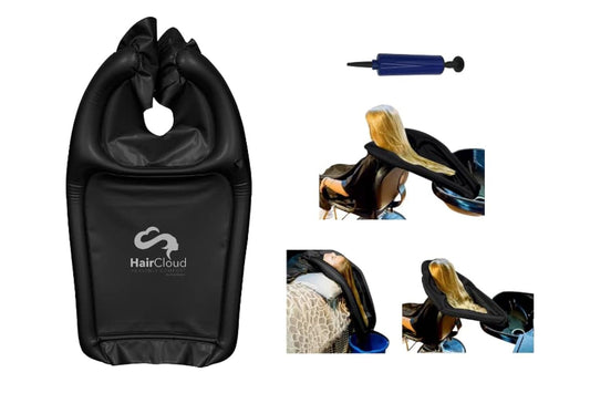 White Smoke Inflatable Shampoo Funnel Cape for Washing Hair in Any Chair and Basin. Black Portable Tray Device to Use in Salon, at Home, Nursing Home or Hospital to Help Keep Clothes Dry! Pump Included!