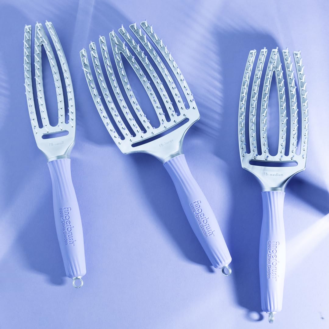 Light Steel Blue Olivia Garden Fingerbrush Curved and Vented Paddle Brush for Blow Drying - Ideal for Styling and Detangling All Hair Types - Scalp Massager Brush, 3-Piece Kit