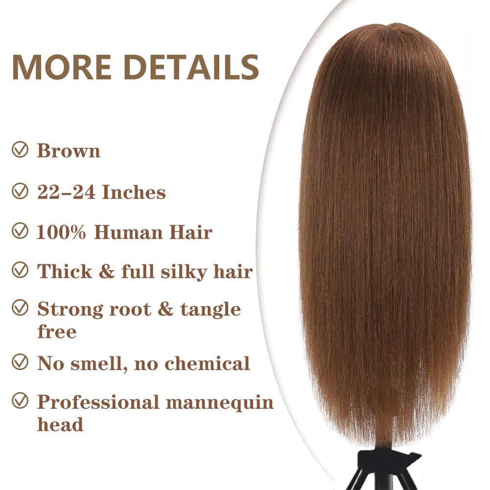 White Smoke Opini Mannequin Head with 100% Real Human Hair Cosmetology Mannequin Head to Practice Hairstyles Doll Head Training Head for Hairdresser (Brown)