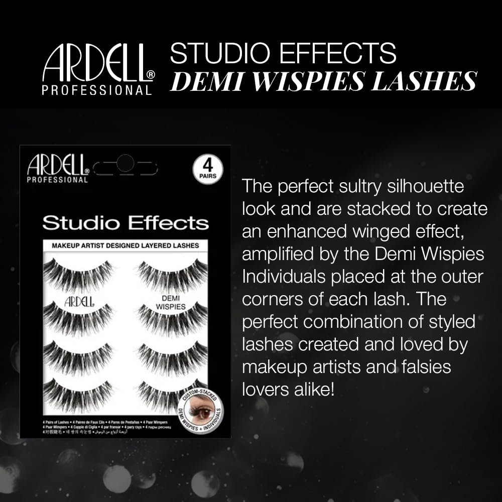 Black Ardell Studio Effects Demi Wispies False Eyelashes, Custom Layered Wispy Lashes for Natural Volume and Length, 4 Pack