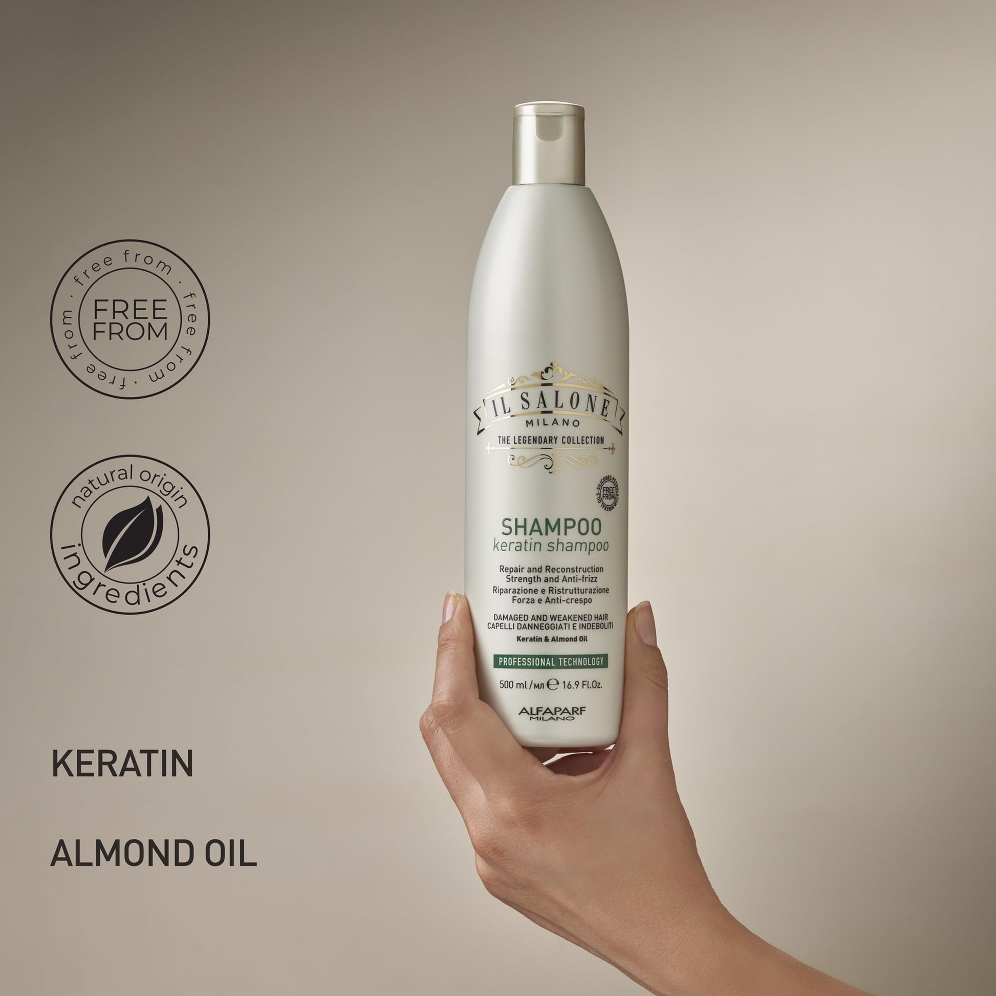 Dark Gray Il Salone Milano Professional Keratin Shampoo for Damaged Hair - Hair Repair Shampoo - Frizz Control - Made with Almond Oil & Vitamin E - Salon Quality Haircare (16.9 oz / 500 ml)