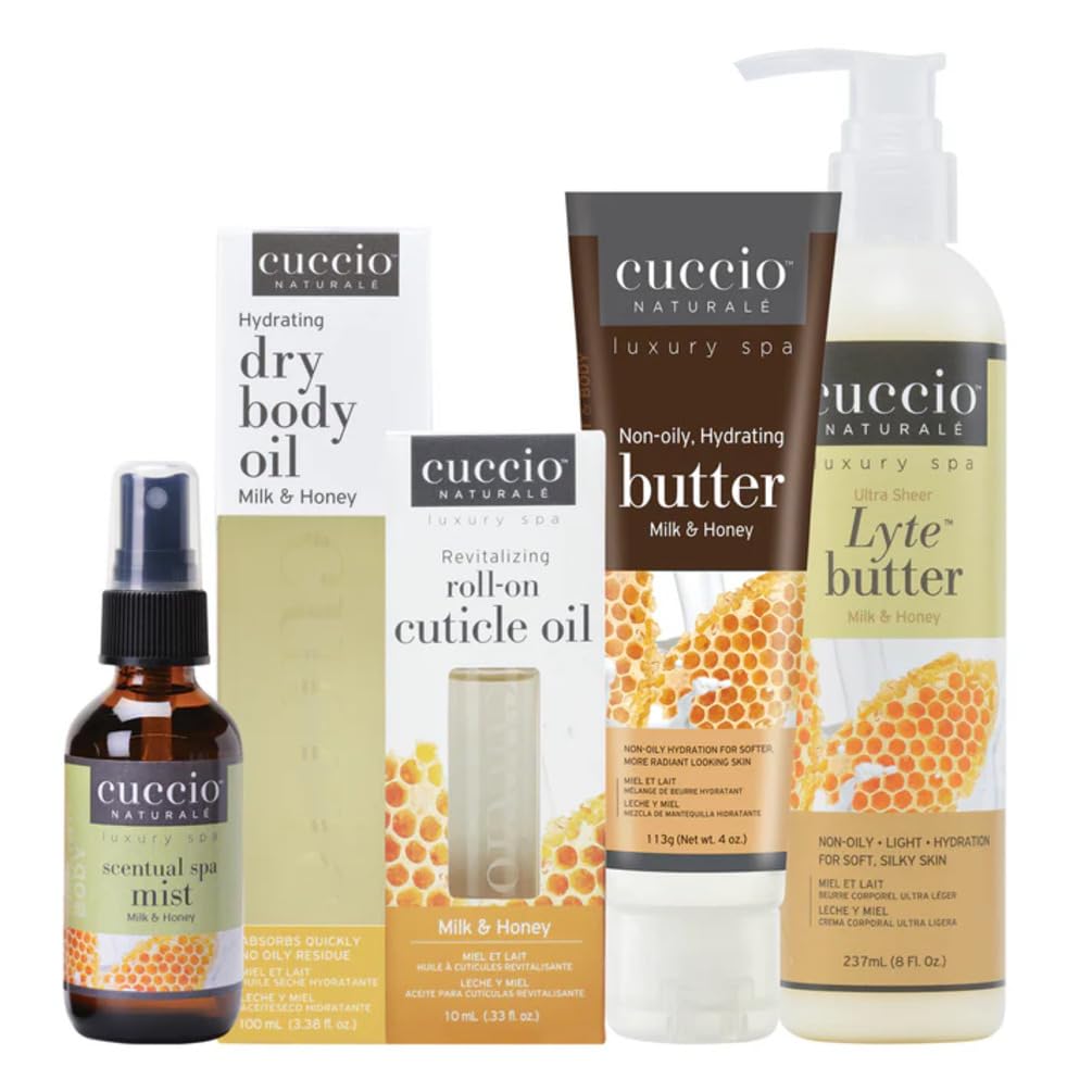 White Smoke Cuccio Naturale Milk & Honey 5 Piece Gift Basket Set – Spa Collection with Body Butter, Lyte Lotion, Dry Body Oil, Spa Mist & Cuticle Oil – Nourishing Self-Care Gift for Women