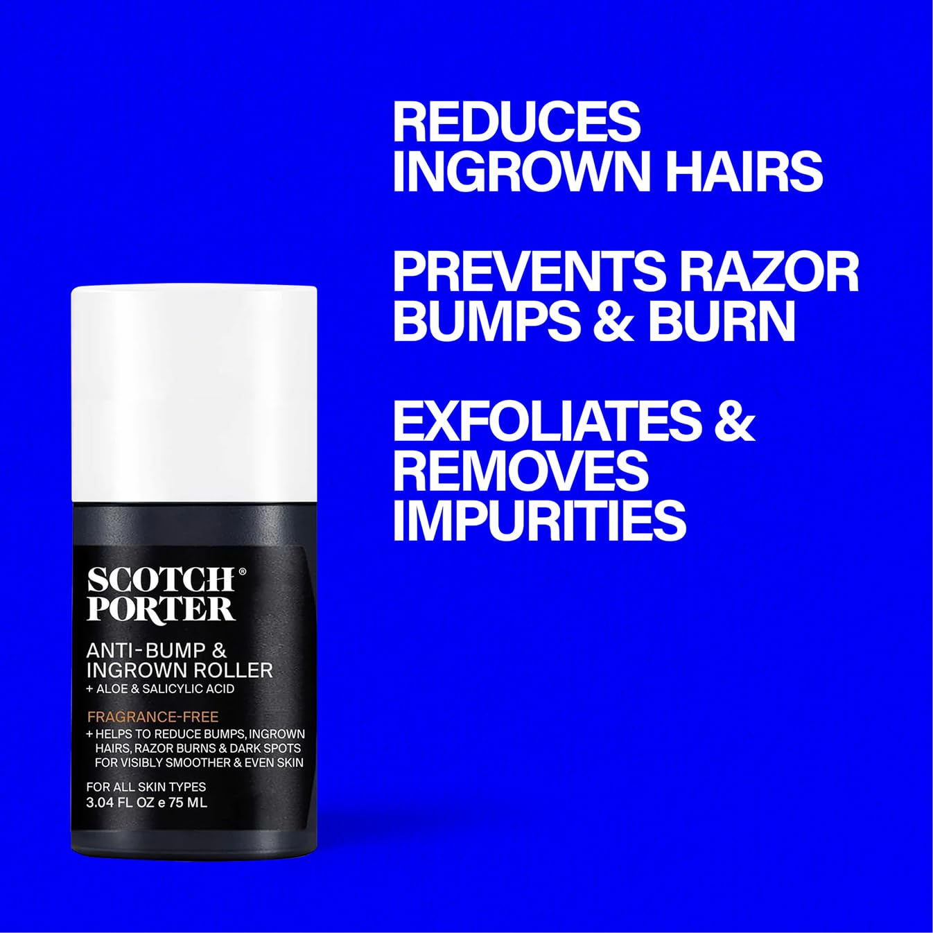 Blue Scotch Porter Anti-Bump & Ingrown Roller for Men – Treats Razor Bumps & Ingrown Hairs with Aloe Vera & Salicylic Acid – For Smooth, Balanced Skin – 3.04 oz.