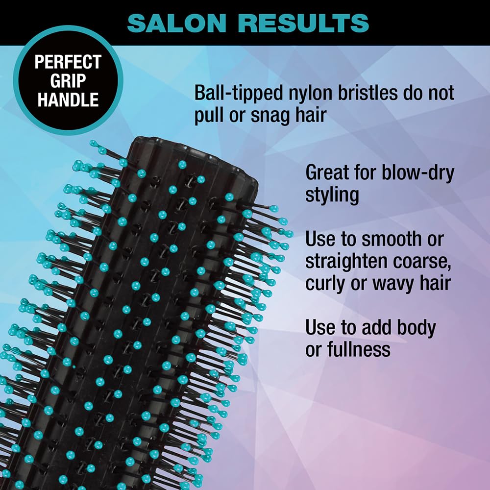 Black Conair Grip & Style Round Brush, Nylon Bristle Hair Brush for Blowout Styling, Ideal for Coarse, Curly, Wavy Hair, Color May Vary