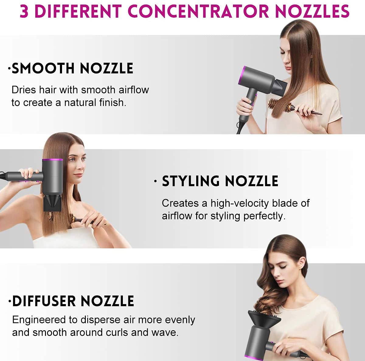 White Smoke slopehill Professional Ionic Hair Dryer, Powerful 1800W Fast Drying Low Noise Blow Dryer with 2 Concentrator Nozzle 1 Diffuser Attachments for Home Salon Travel