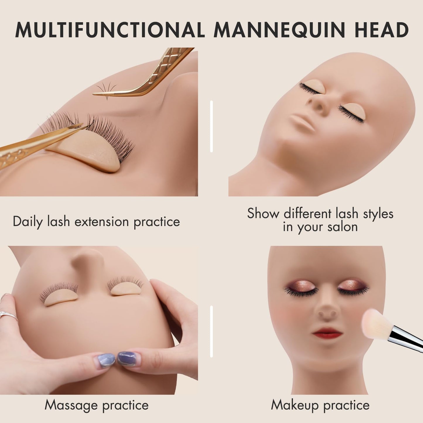 Antique White Embagol Lash Mannequin Head for Eyelash Extensions with 2 Layers Replaced Eyelids Double Layer Replacement Eyelids for Lash Practicing and Training Lash Supplies (1 Head +3 Pairs Eyelids)