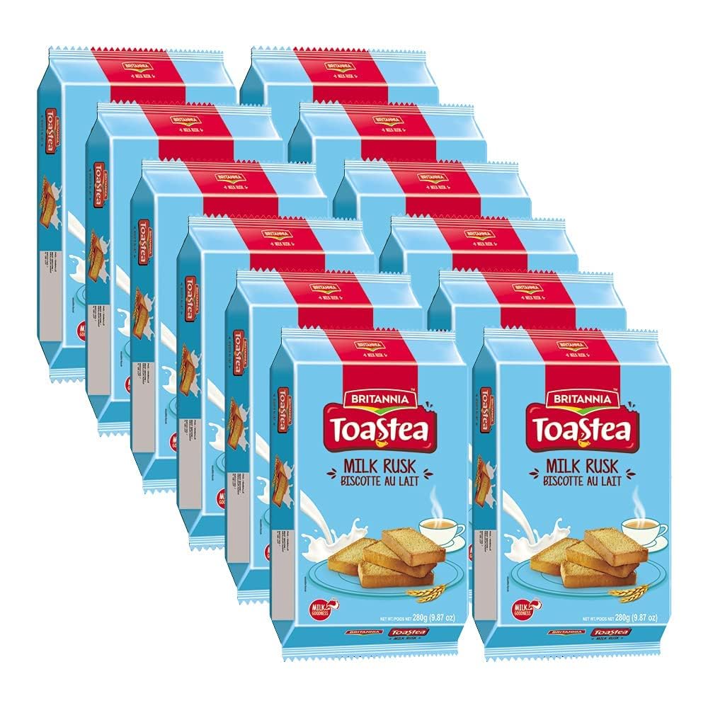 White Smoke BRITANNIA Toastea Milk Rusk 9.87oz (280g) - Biscotte Au Lait - Crispy, Crunchy Tea Moments - Breakfast & Tea Time Snacks (Pack of 12)