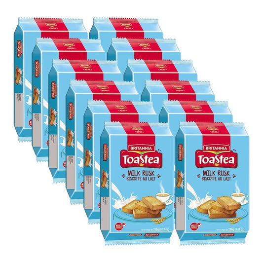 White Smoke BRITANNIA Toastea Milk Rusk 9.87oz (280g) - Biscotte Au Lait - Crispy, Crunchy Tea Moments - Breakfast & Tea Time Snacks (Pack of 12)