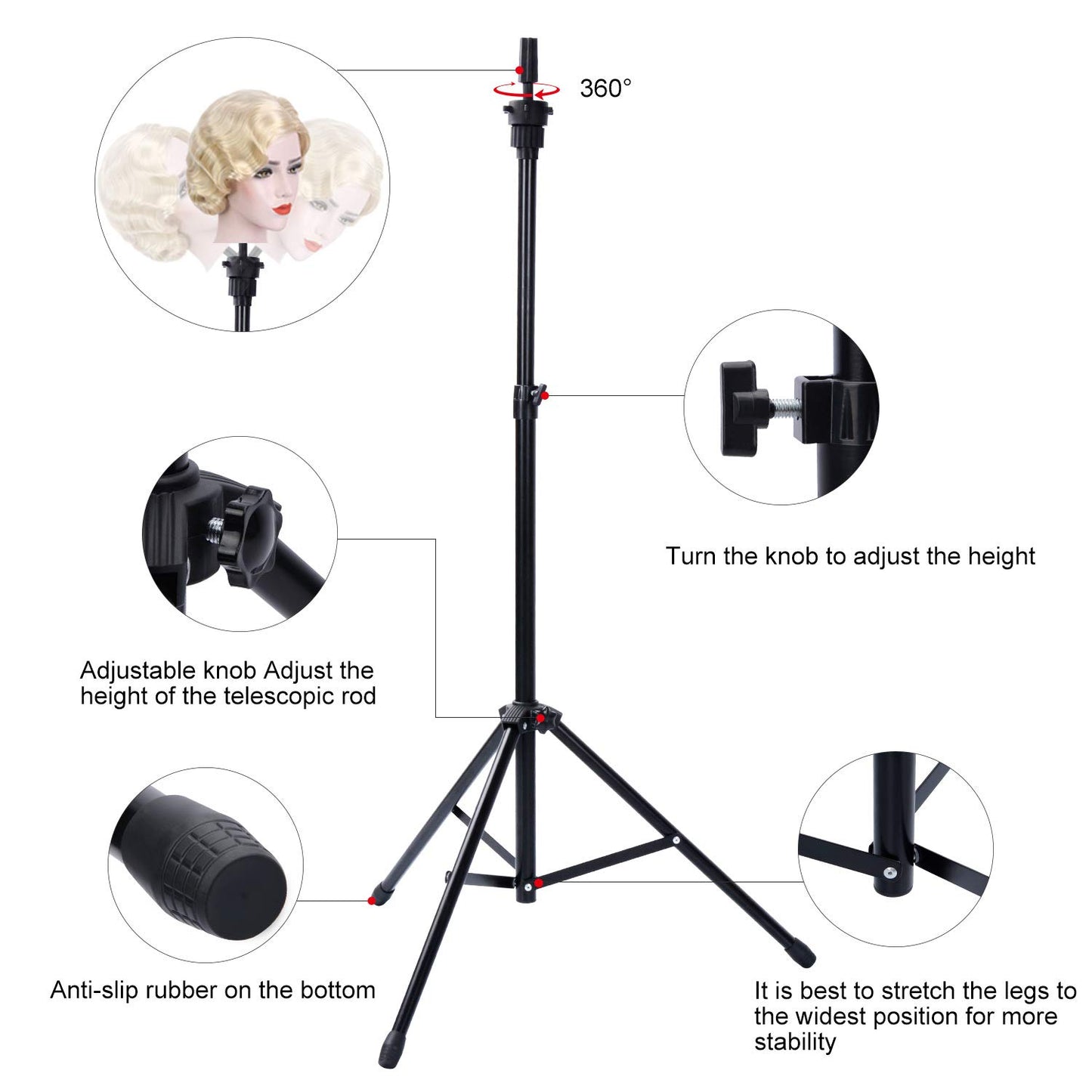 White Smoke Klvied Reinforced Wig Stand Tripod Mannequin Head Stand, Adjustable Holder for Cosmetology Hairdressing Training with T-with Caps, T-Pins, Comb, Hair Clip, Carrying Bag