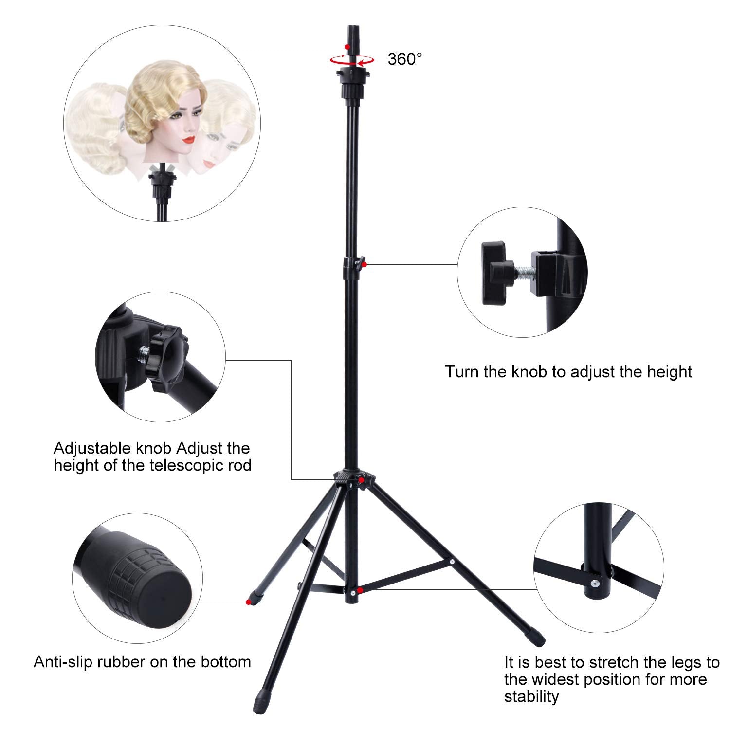 White Smoke Klvied Reinforced Wig Stand Tripod Mannequin Head Stand, Adjustable Holder for Cosmetology Hairdressing Training with T-with Caps, T-Pins, Comb, Hair Clip, Carrying Bag