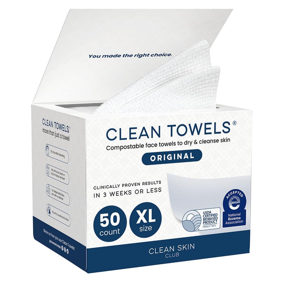 White Smoke Clean Skin Club Clean Towels XL®, 100% USDA Biobased Face Towel, Disposable Face Towelette, Eczema Association Accepted, Makeup Remover Dry Wipes, Ultra Soft, 1 Pack, 50 Ct