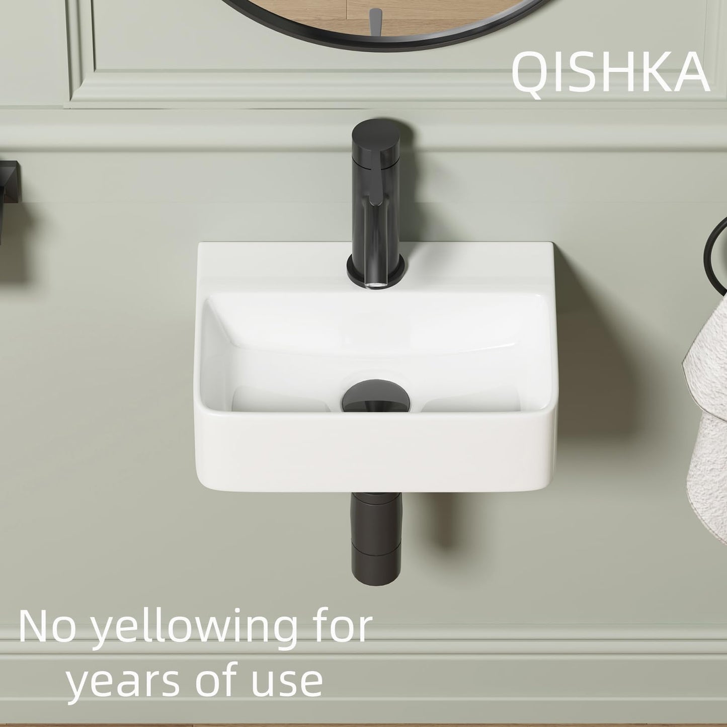 Dark Gray Wall Hung Bathroom Vessel Sink, QISHKA 14.5" X 10" Rectangular Floating Ceramic Wash Hand Basin White Wall Mount Vanity Sink for Small Bathroom and Small Cloakroom