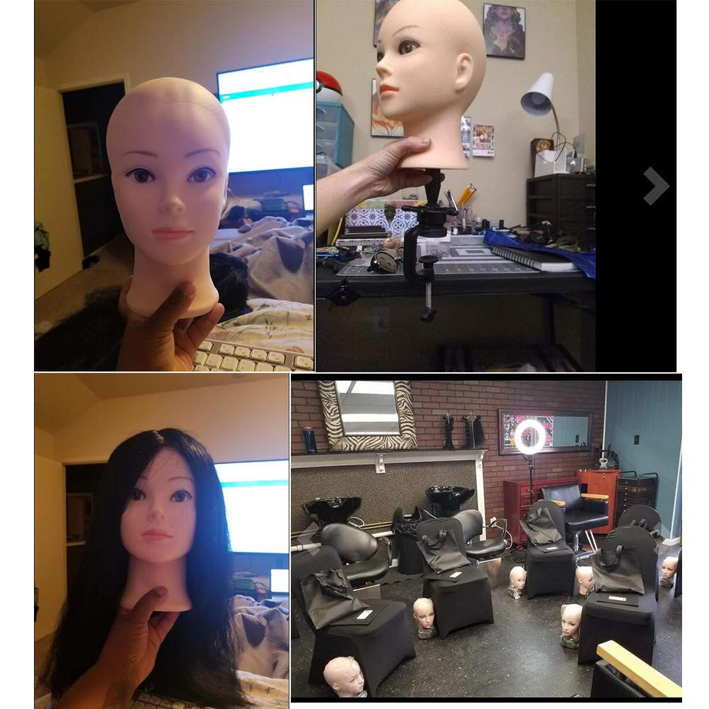 Black Ba Sha Bald Mannequin Head Beige Female Professional Cosmetology Manikin Doll head for Wigs Making Wig Display Hat Display Glasses Display with Free Clamp