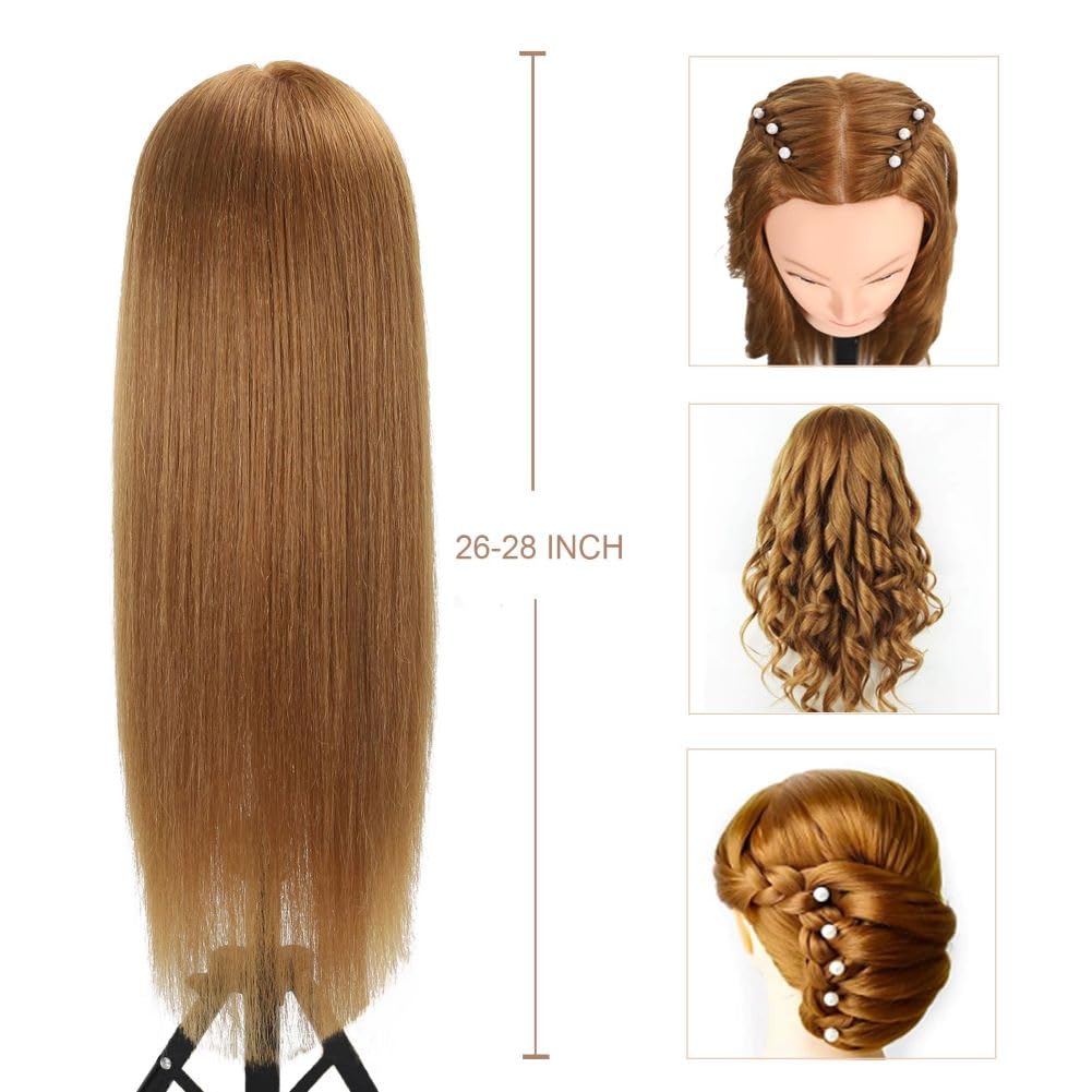 White Smoke Opini Mannequin Head with 80% Human Hair - Straight, 26"-28" Doll Head for Cosmetology & Hairdresser (#27 Light Brown)