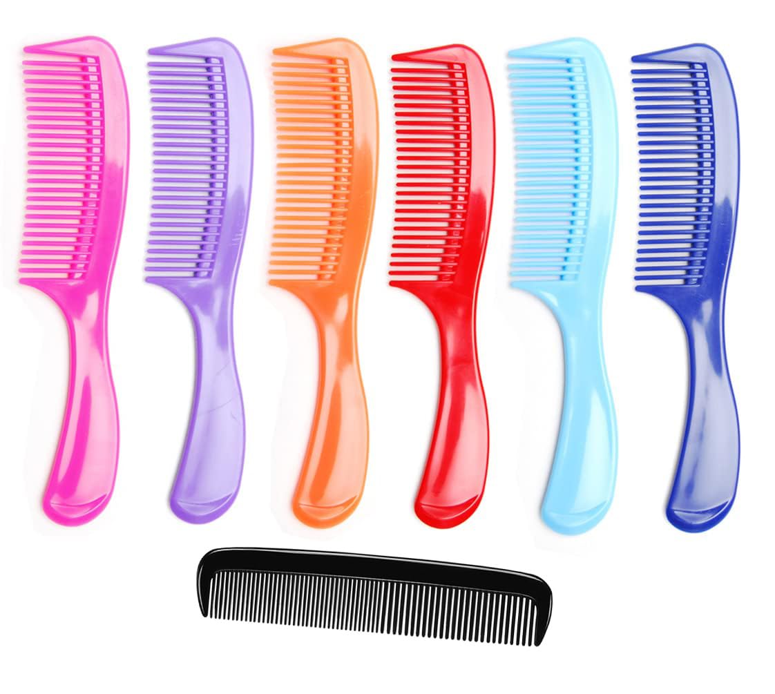 White Smoke LUXXII - (6 Pack) 8" Colorful Styling Essentials Round Handle Comb Hair Combs and (1 Pack) 5" Favorict Pocket Comb (A)