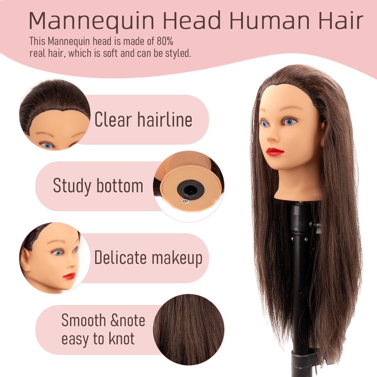 White Smoke Mannequin Head with 80% Human Hair for Hair Styling Practice 26-28 Inch Straight Hair Training Head for Cosmetology Barber Hairdresser Students and Professionals (809-4#80%)