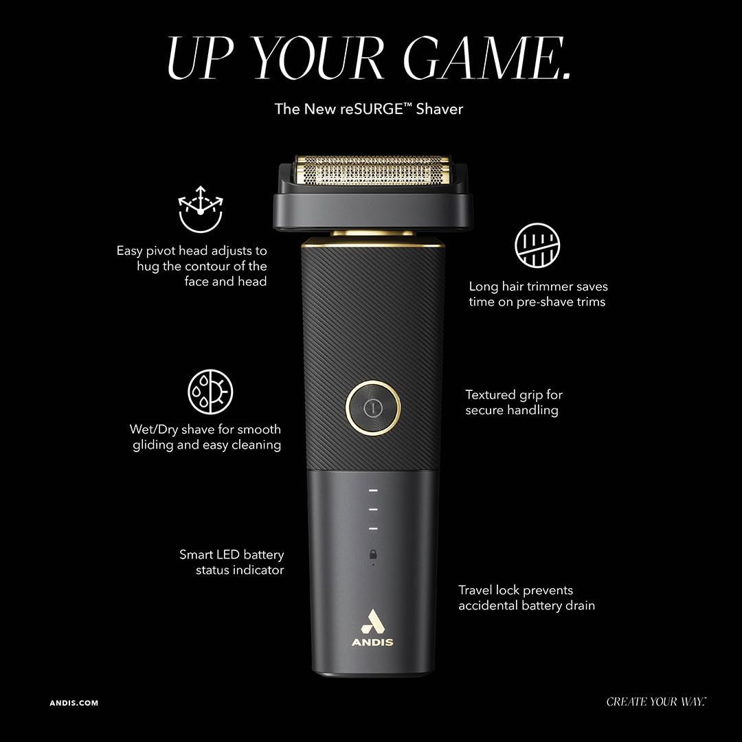 Black Andis 17300 reSURGE Electric Lithium Titanium Precision Foil Wet/Dry Rechargeable Shaver, Black