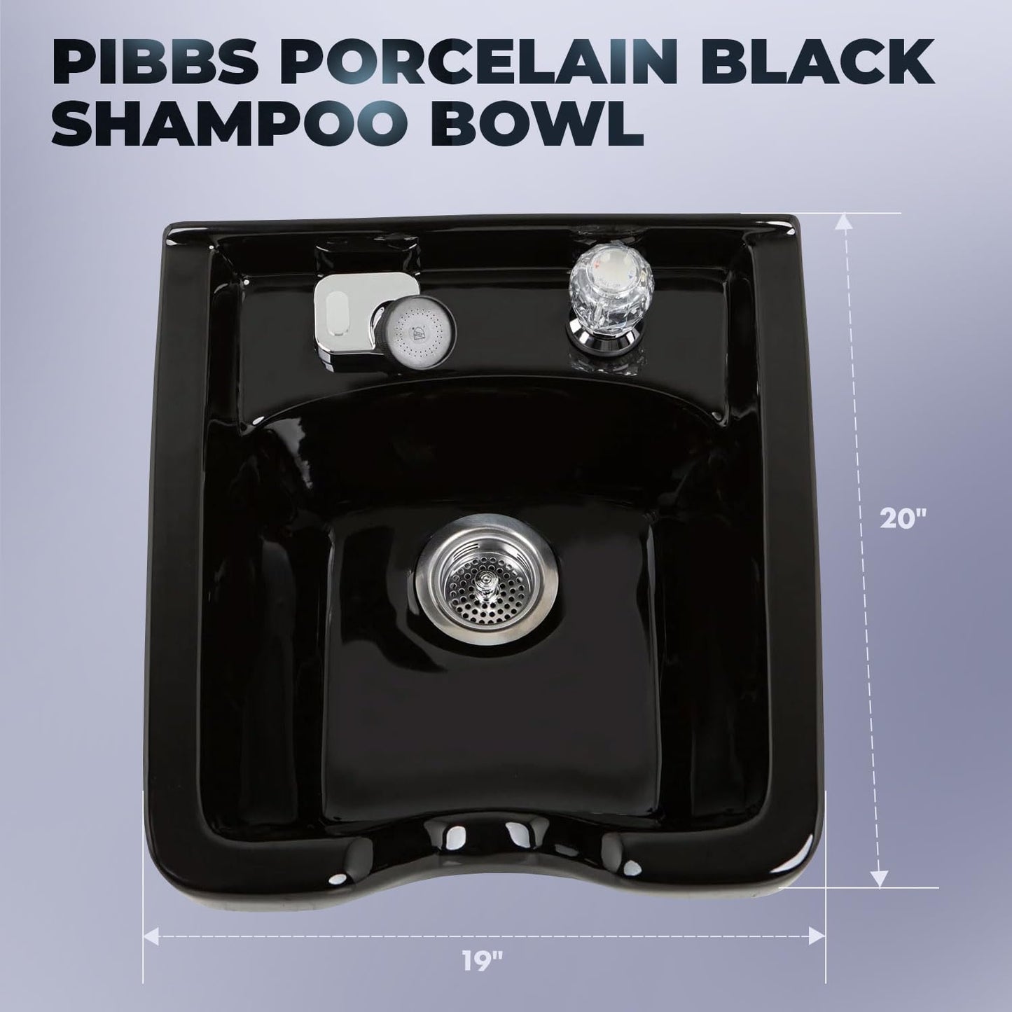 Black Pibbs Heavy-Duty Black Porcelain Shampoo Bowl for Professional Salons, Single-Handle Faucet, Spray Hose & Hardware. Wall-mounted design, PIB-5300