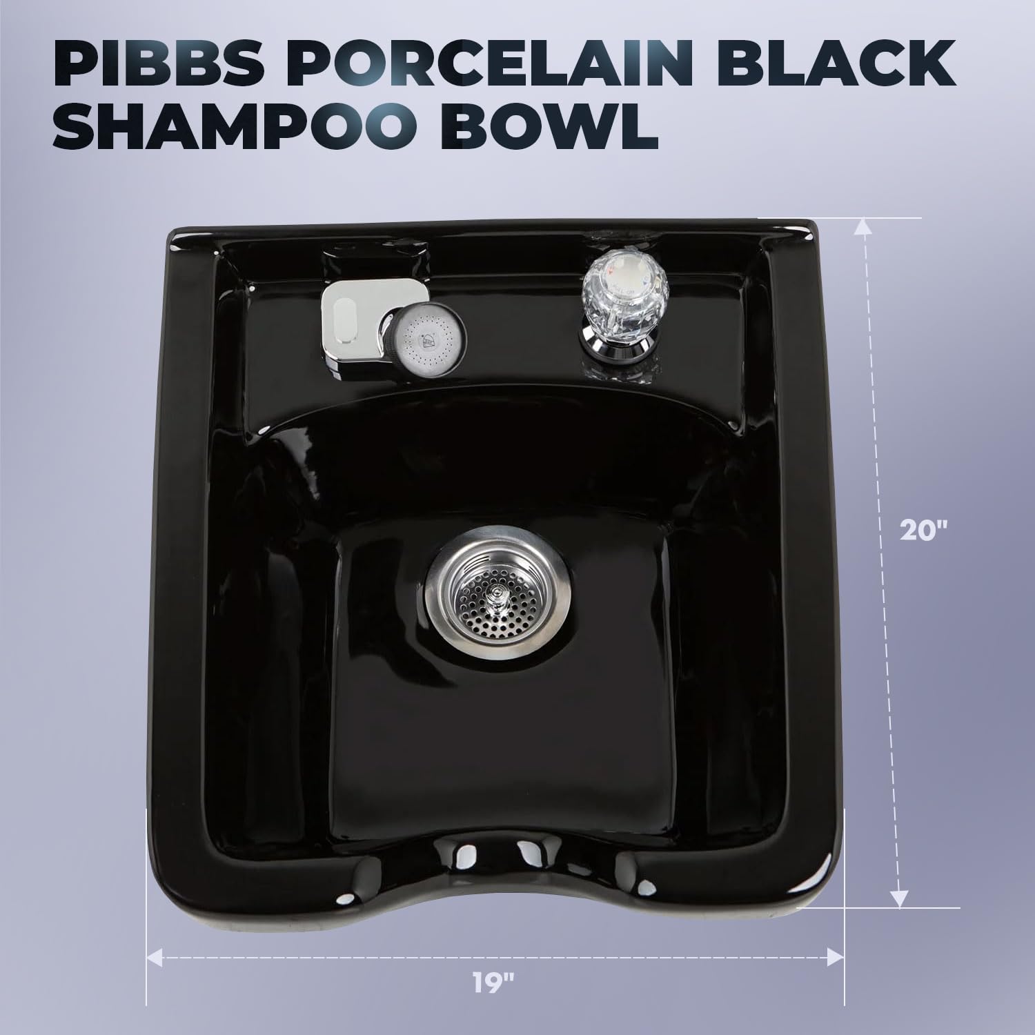 Black Pibbs Heavy-Duty Black Porcelain Shampoo Bowl for Professional Salons, Single-Handle Faucet, Spray Hose & Hardware. Wall-mounted design, PIB-5300