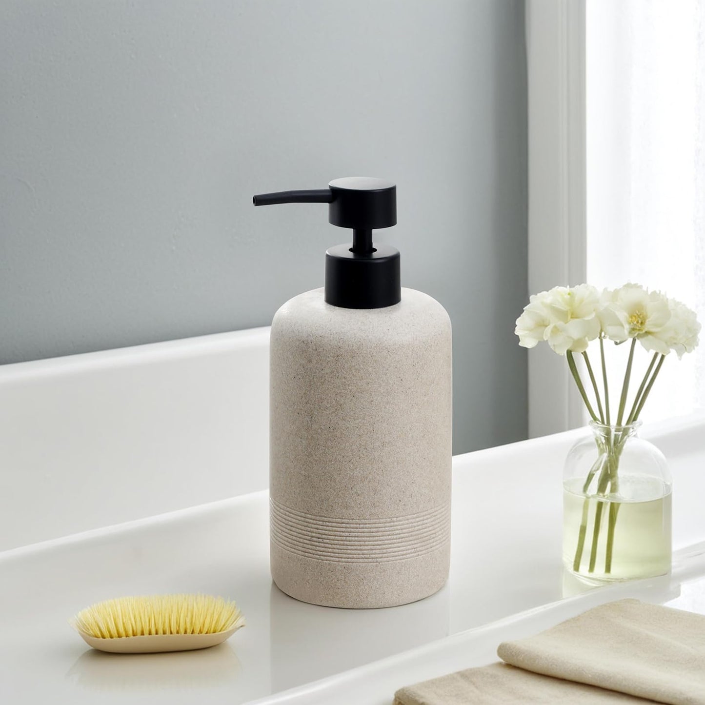 Gray Haocoott Soap Dispensers 400ML 13OZ, 2 PCS Hand Dish Lotion Shampoo Lotion Soap Dispenser Jar, Resin Premium Thick Soap Pump Bottles for Kitchen Bathroom Countertop (Beige)