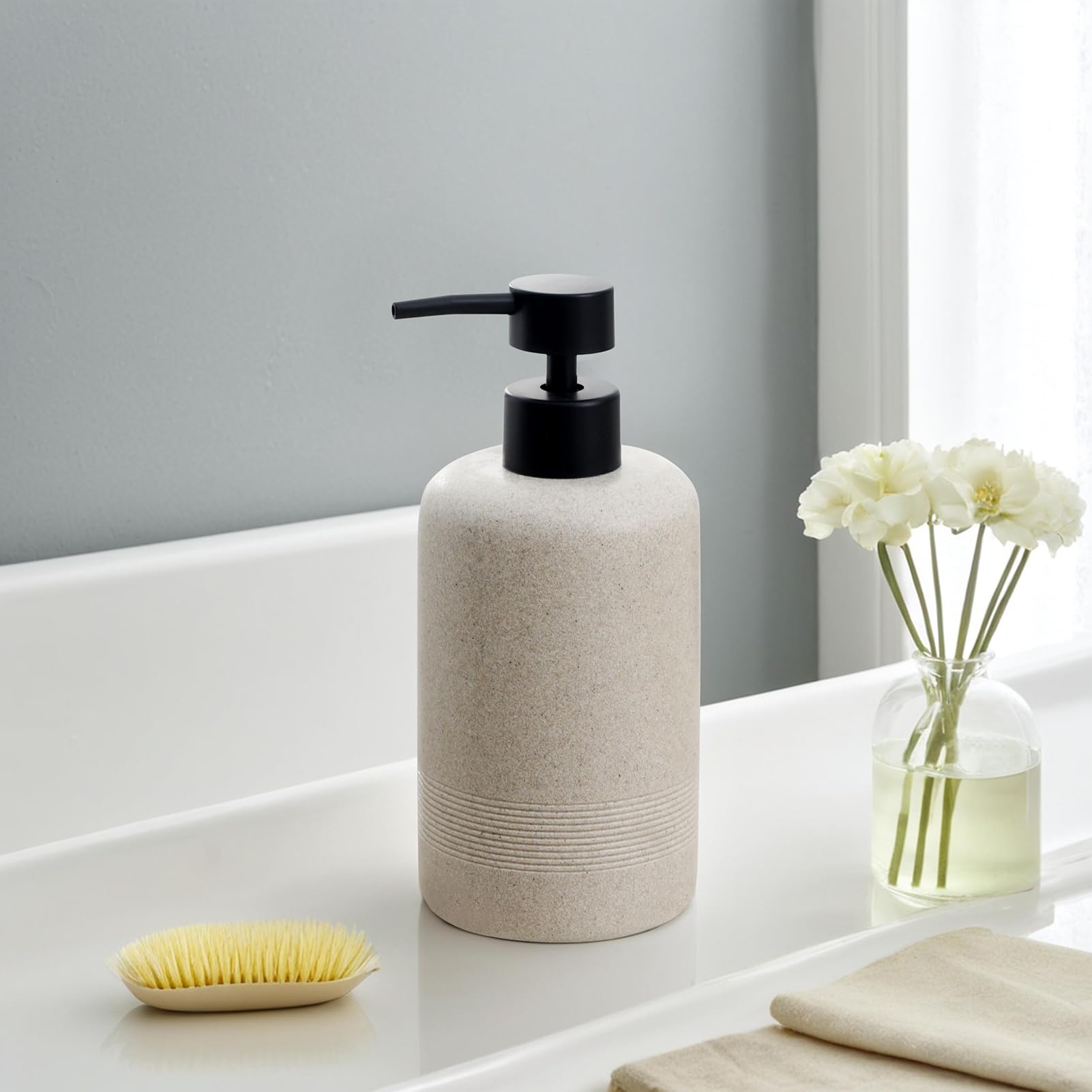 Gray Haocoott Soap Dispensers 400ML 13OZ, 2 PCS Hand Dish Lotion Shampoo Lotion Soap Dispenser Jar, Resin Premium Thick Soap Pump Bottles for Kitchen Bathroom Countertop (Beige)