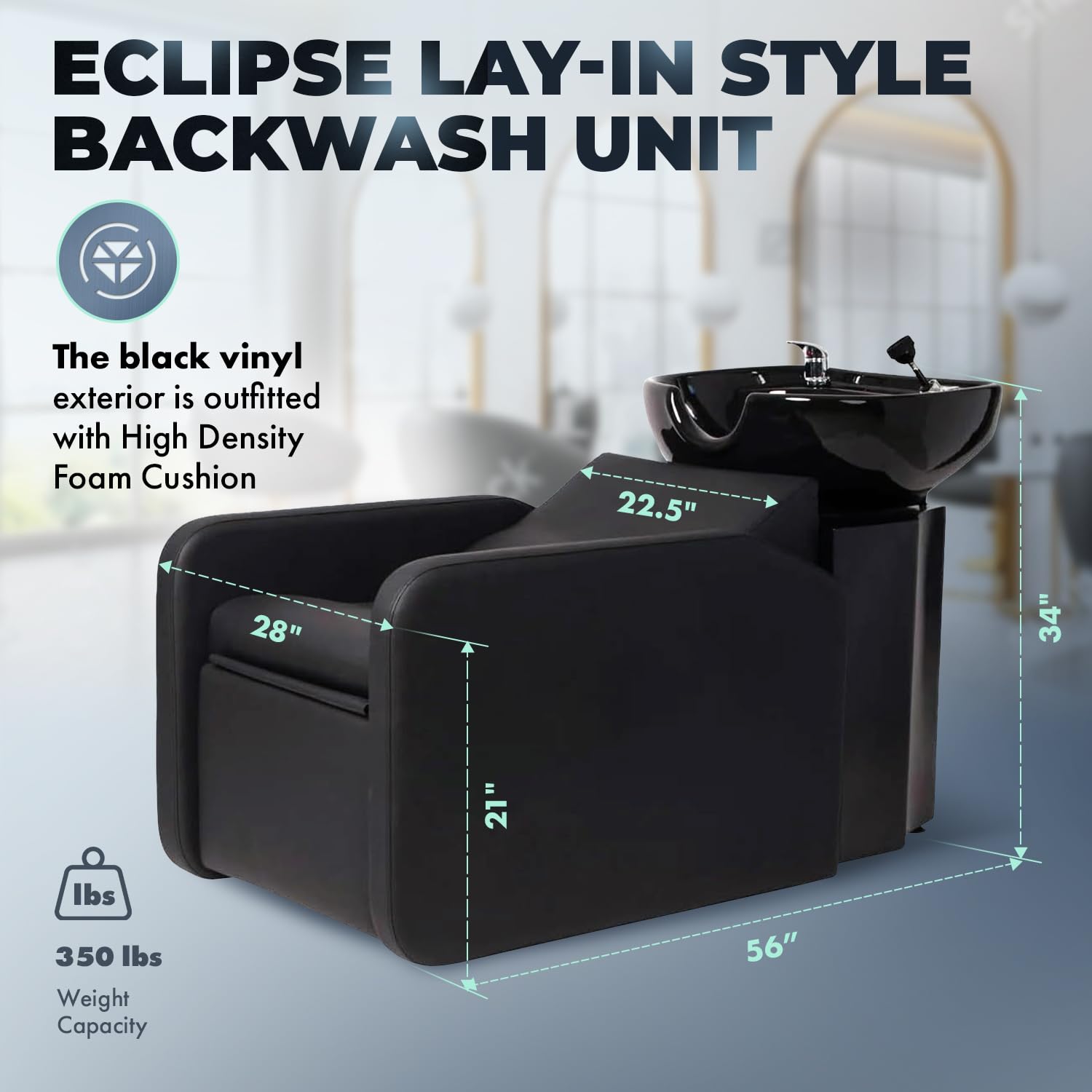Black Buy-Rite Eclipse Lay-In Shampoo Backwash Unit for Salons & Barbershops - Porcelain Bowl with Hardware, Extra-Wide Reclining Seat, Kick-Out Leg Rest, Built-In Headrest & Lumbar Support, TS-8088-BLK