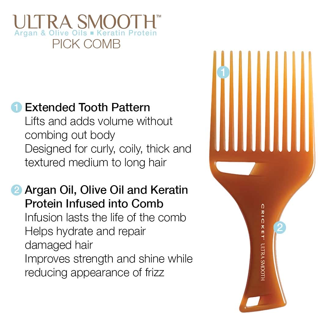 White Smoke Cricket Ultra Smooth Hair Pick Comb for Volumizing, Detangling, and Reducing Frizz - Enriched with Argan, Olive Oil, and Keratin Infused, Ideal for Curly, Thick, and Long Hair