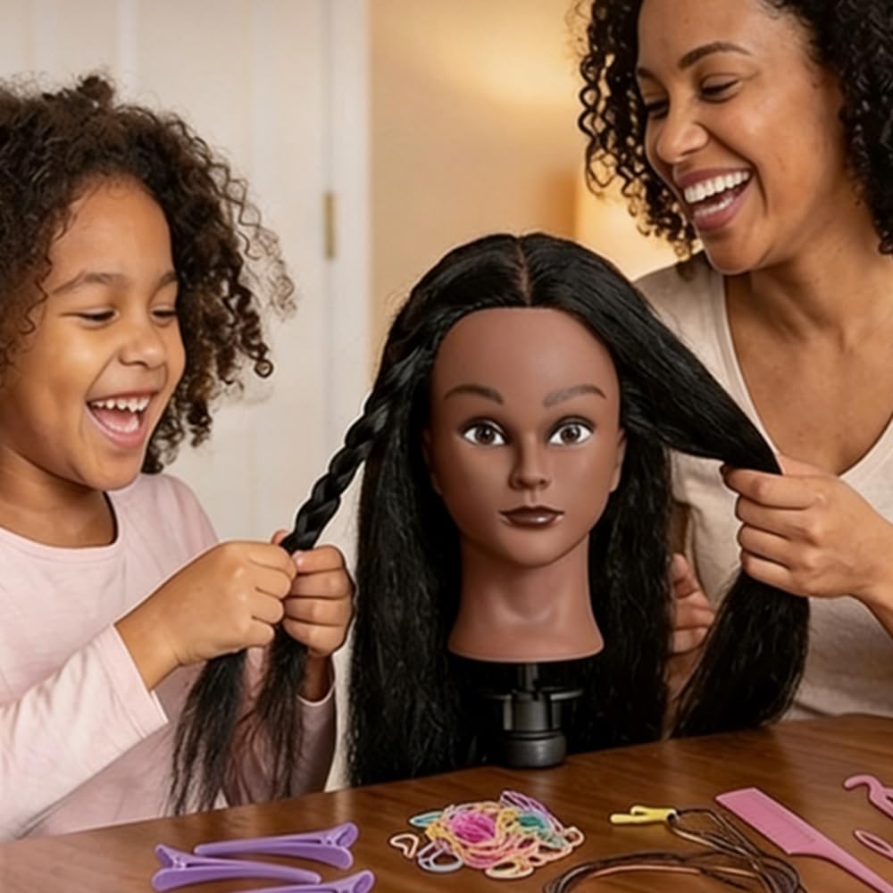 Black 16 Inch 100% Real Hair Mannequin Head Training Head Manikin Cosmetology Doll Head for Hairdresser Practice Braiding Hair Styling with Clamp stand (16 -Inch)