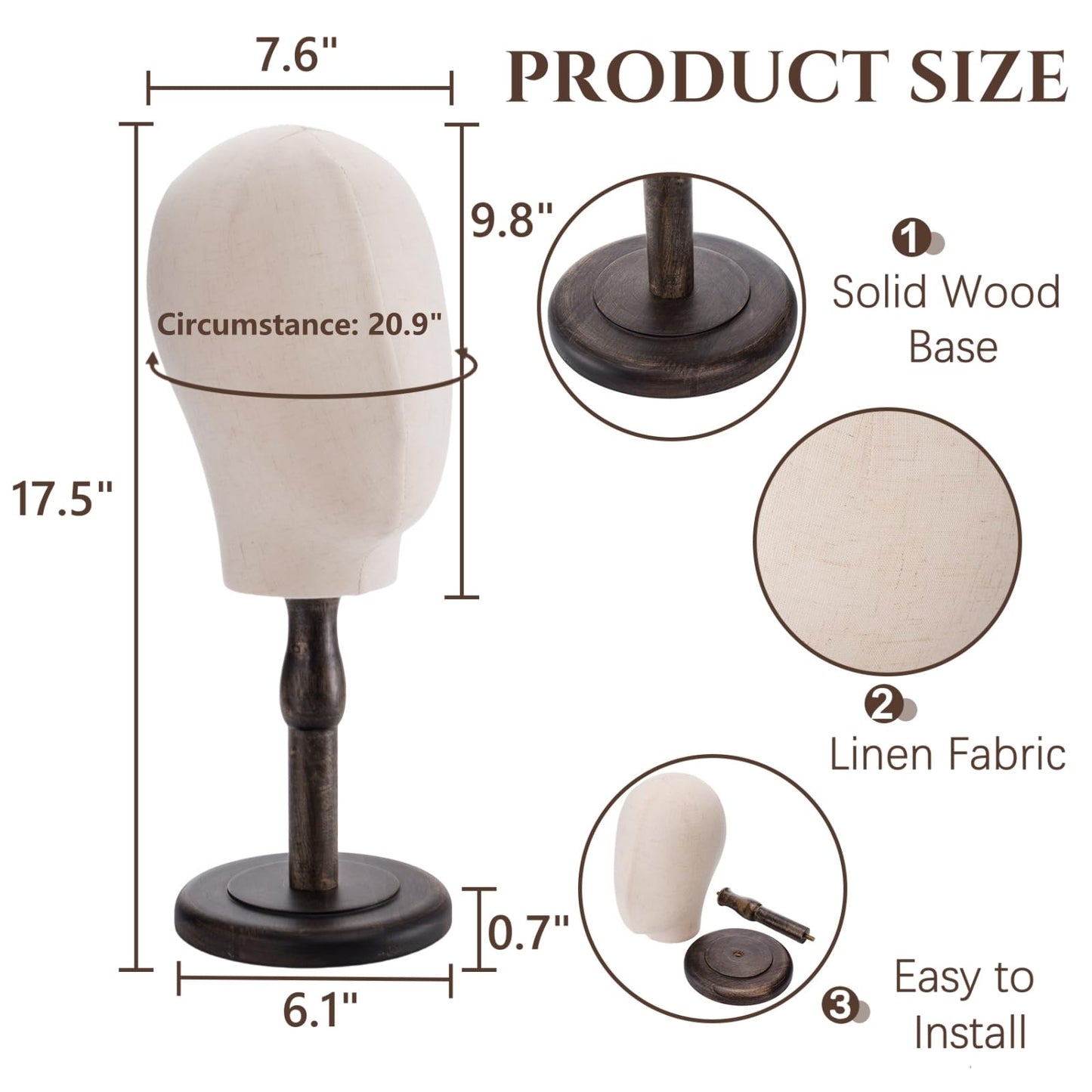 White Smoke Peohud 21 Inch Mannequin Head, Canvas Wig Stand with Head, Linen Dome Model Head with Detachable Wood Stand for Hats, Caps, Headdress, Wig Making, Headband Display