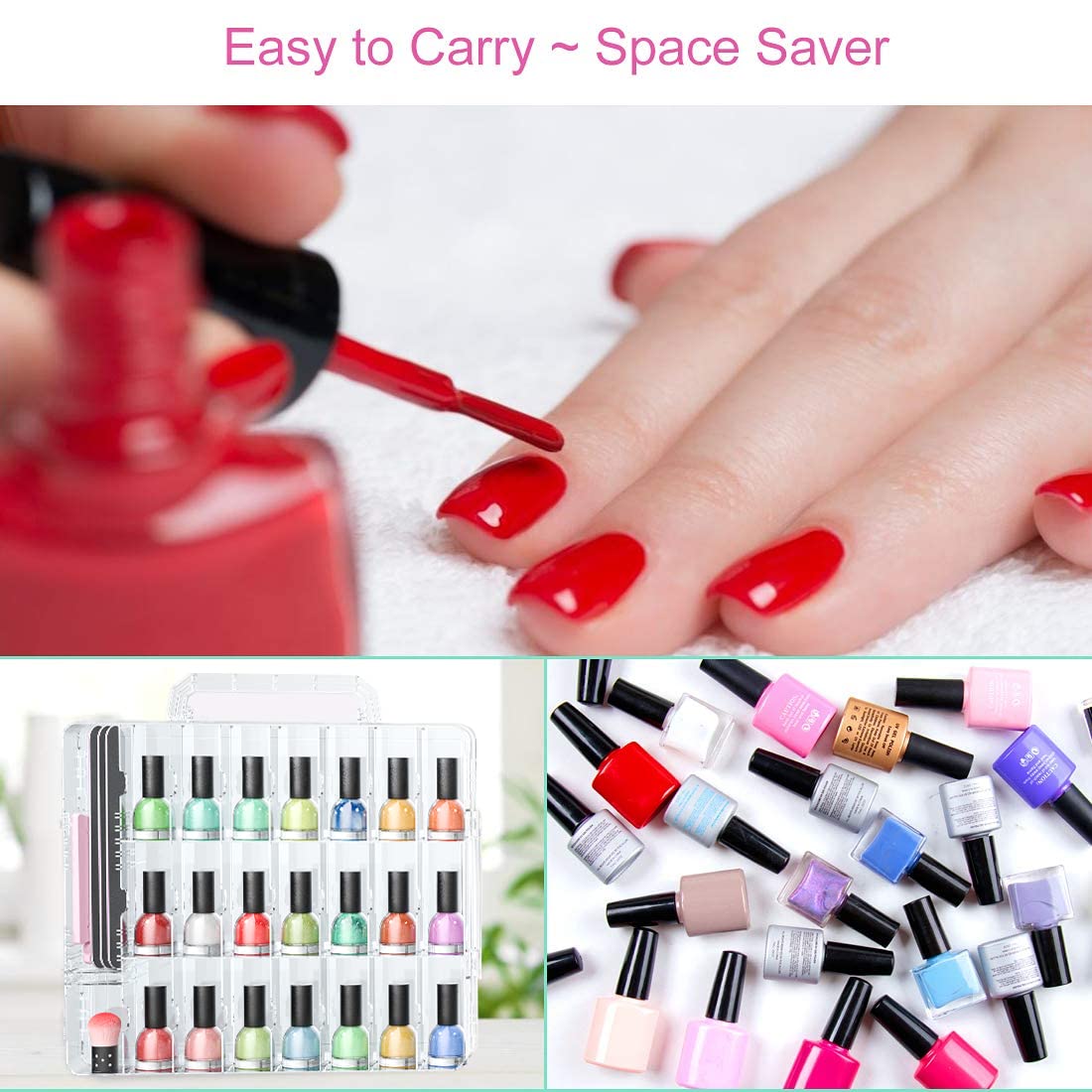 White Smoke JIASHENG Nail Polish Organizer Case for 48 Bottles, Gel Nail Polish Storage Holder Double Side Adjustable Space Divider for Acrylic Nail Gel Dip Powder Tips Set with Two Toe Separator
