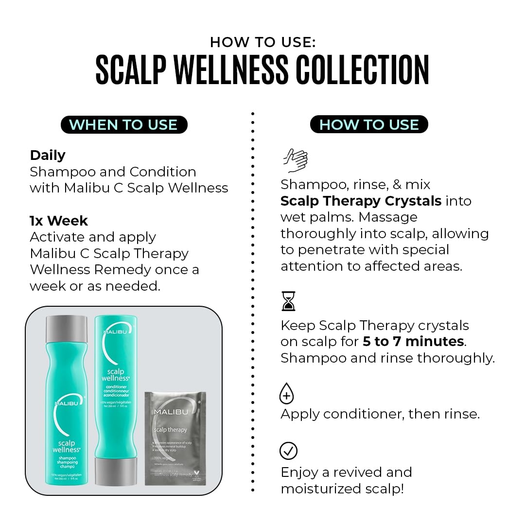 White Smoke Malibu C Scalp Wellness Collection - Soothing Shampoo and Conditioner Hair Care Set for Dry Scalp - Formulated with Vitamin C Antioxidant Complex - Travel Size Scalp Remedy Packets Included (33.8 oz)