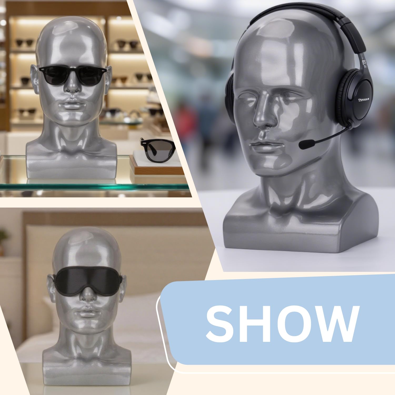 Light Slate Gray lightmay Male Mannequin Head – 13.7” Silver Gray Wig Stand for Hats, Wigs, Headphone, Glasses – Great for Styling, Display & Storage (Bright Gray, 13.7)